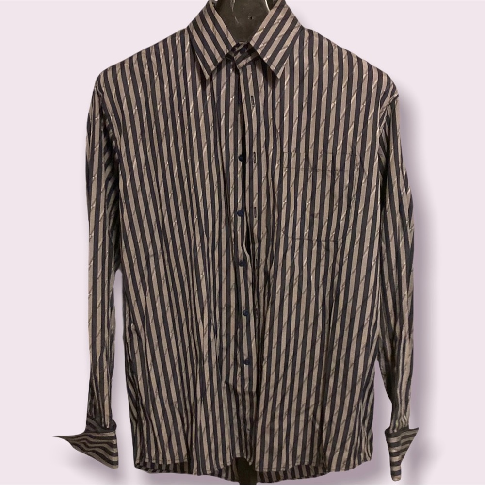 Tessori Milan Italy L 16-16.5 Black Grey Silver Button Down Dress Shirt